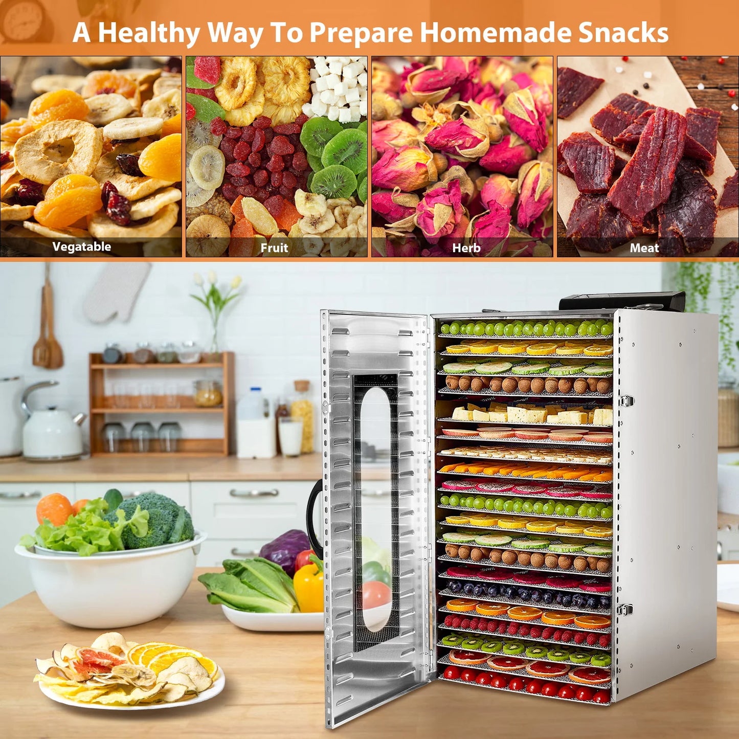 SHICUO Commercial Food Dehydrator 20 Tray 1500W Stainless Steel