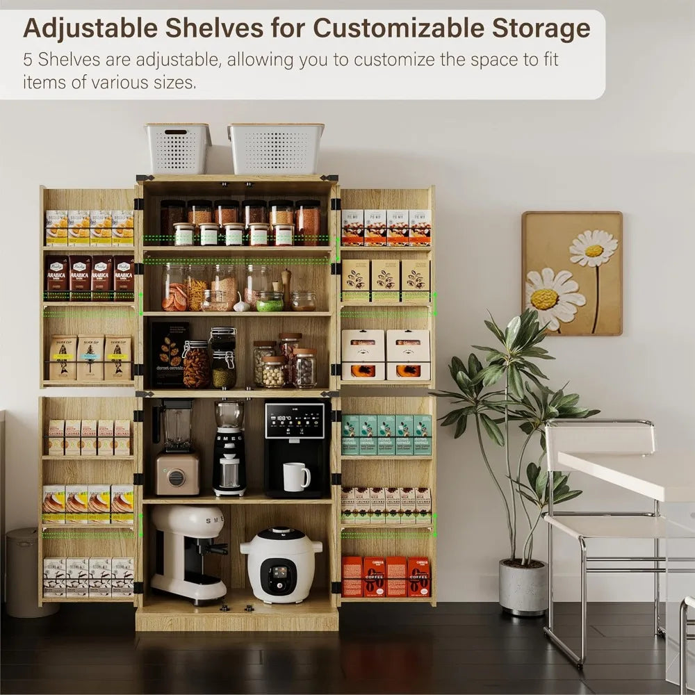Adjustable Shelves Tall Flute Design Wood Pantry Cabinet with 12 Door Organizers and Double Carved Accents for Storage Solutions