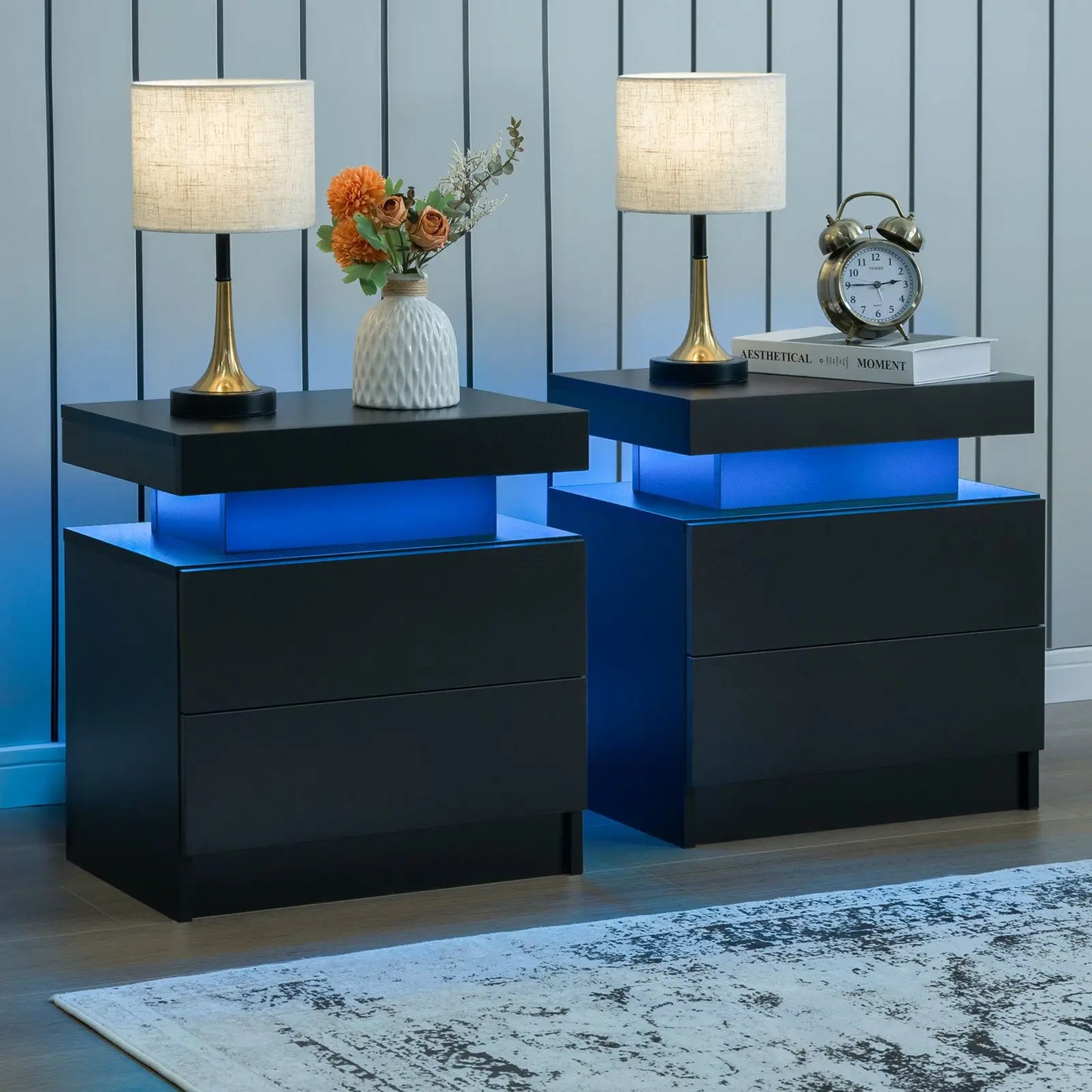 Cubehom Nightstand Set of 2 LED Nightstand with 2 Drawers,Night Stand with LED Light,Bedside Table with Drawers for Bedroom