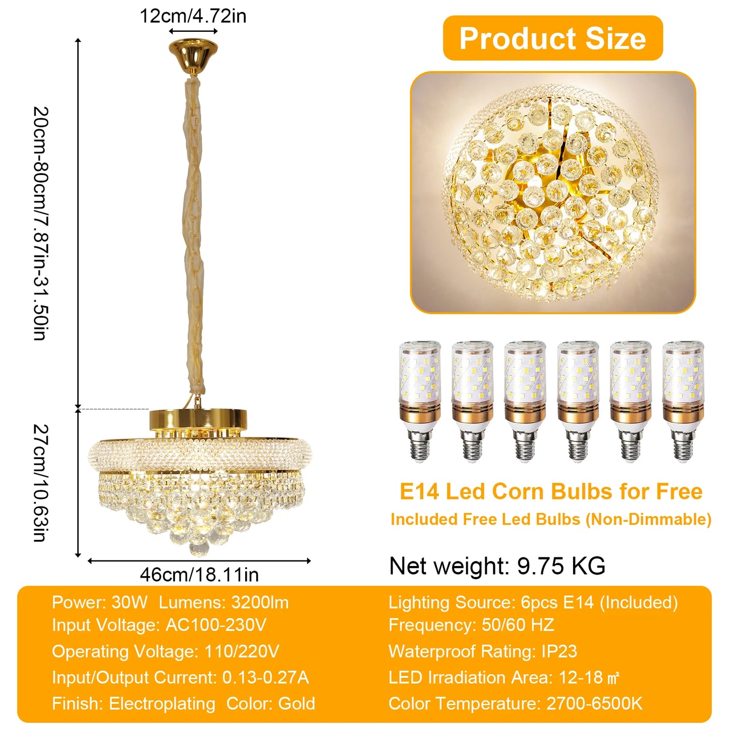 Luxury Round Gold Crystal Chandelier Pendant Light With Adjustable Chain