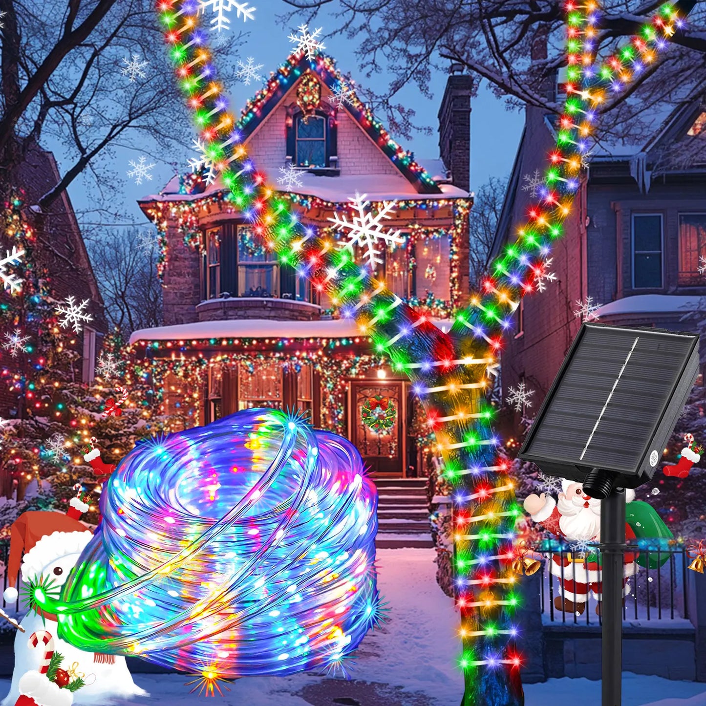 Rechargeable Solar Rope Light 200 LEDs Waterproof Fairy Lights With Eight Lighting Modes