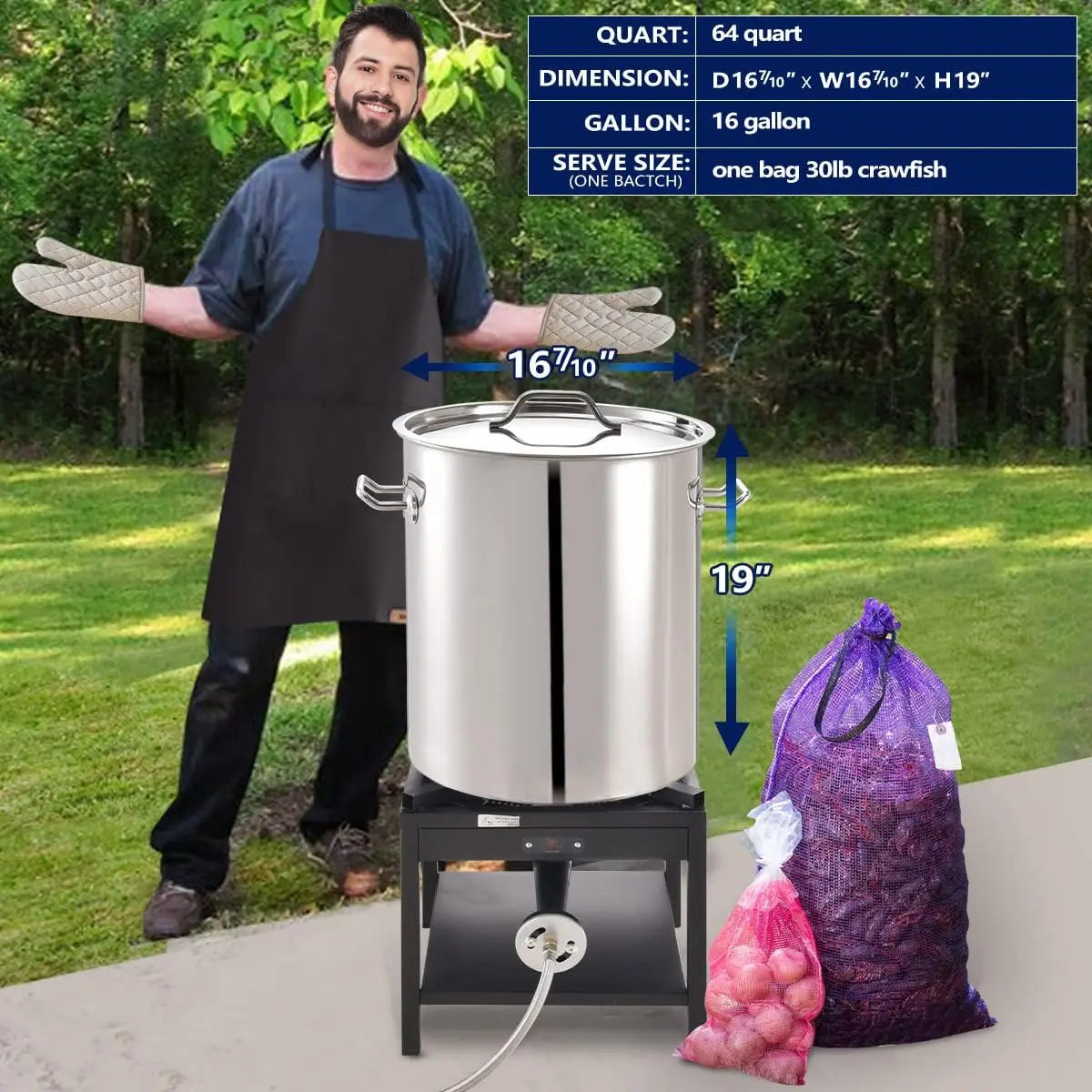 64-QT Large Stainless Steel Stockpot for Seafood Boiler Crawfish Pot with Basket and Steamer Rack, Outdoor Cooking Pot for C