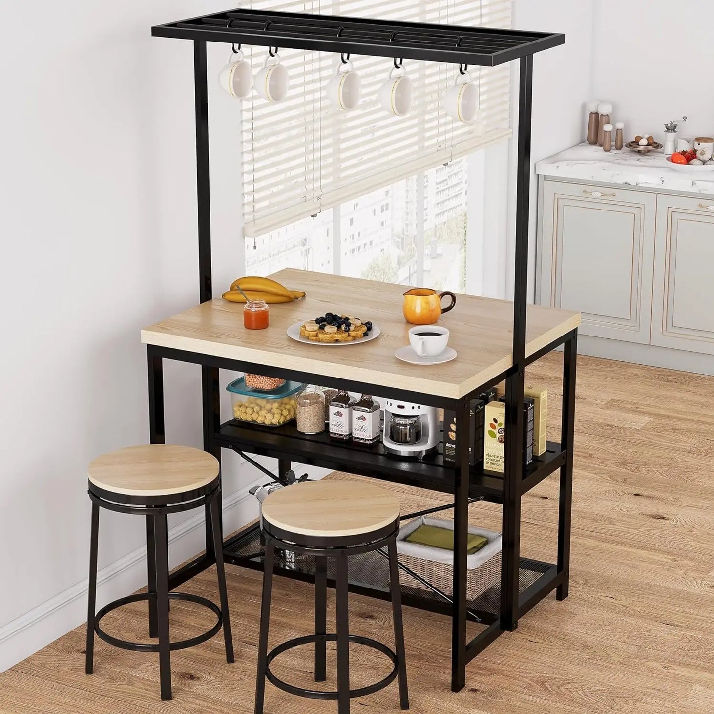 HiMISS Kitchen Island With Storage Bakers Rack And Microwave Stand