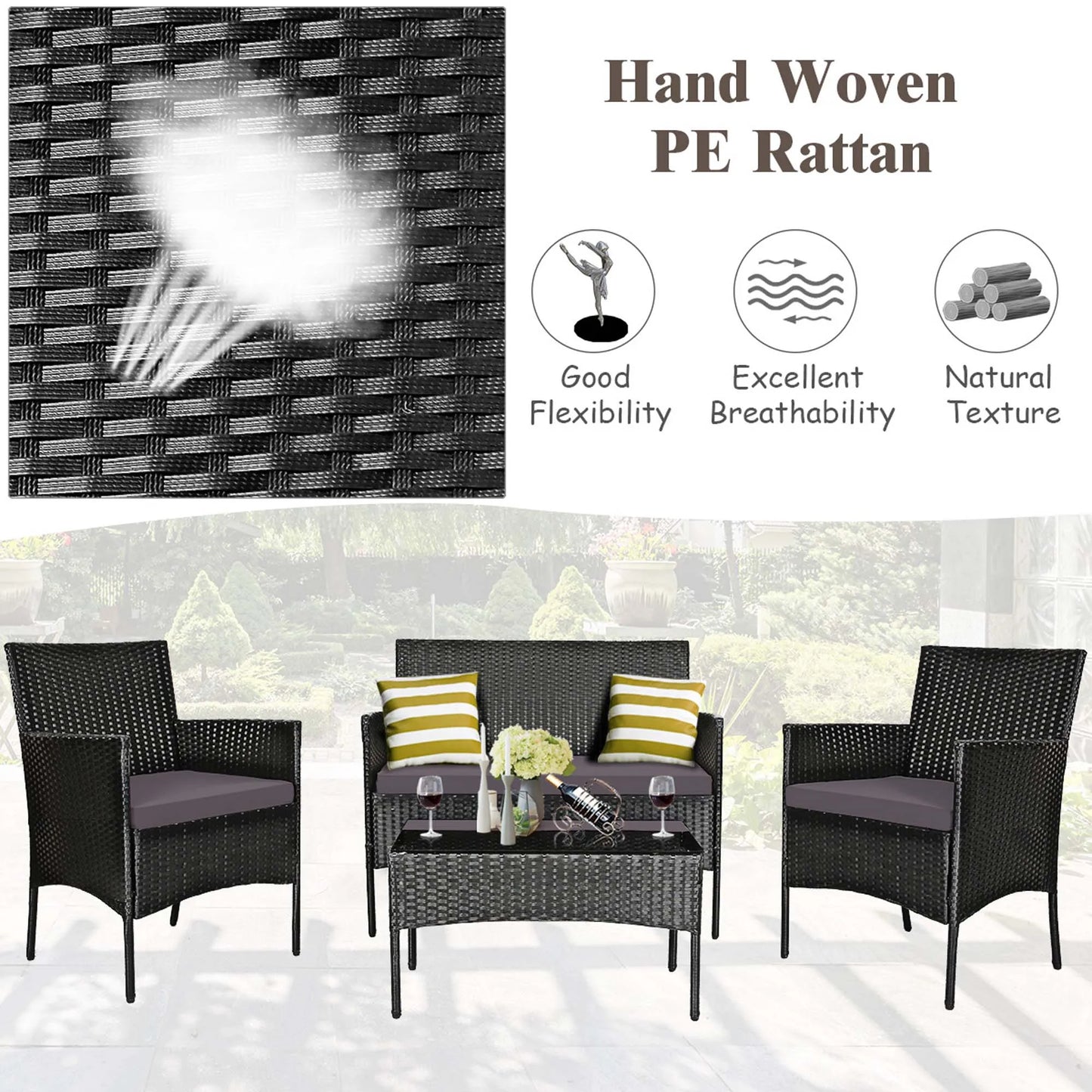 HOMASIS 4-Piece Patio Rattan Set Cushioned Sofa Coffee Table Backyard
