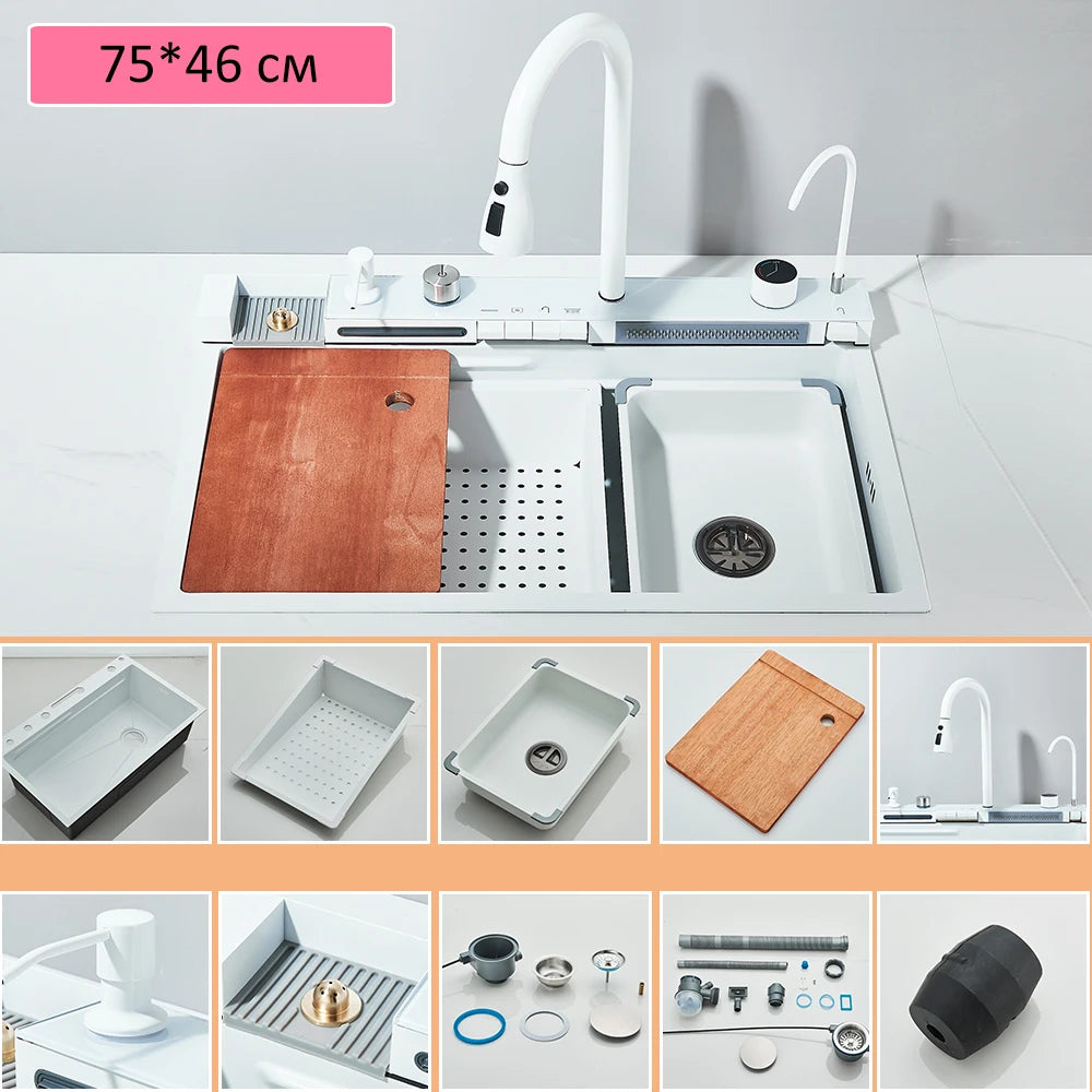 Quyanre 304 Stainless Steel Kitchen Sink Double Waterfall Faucet Set