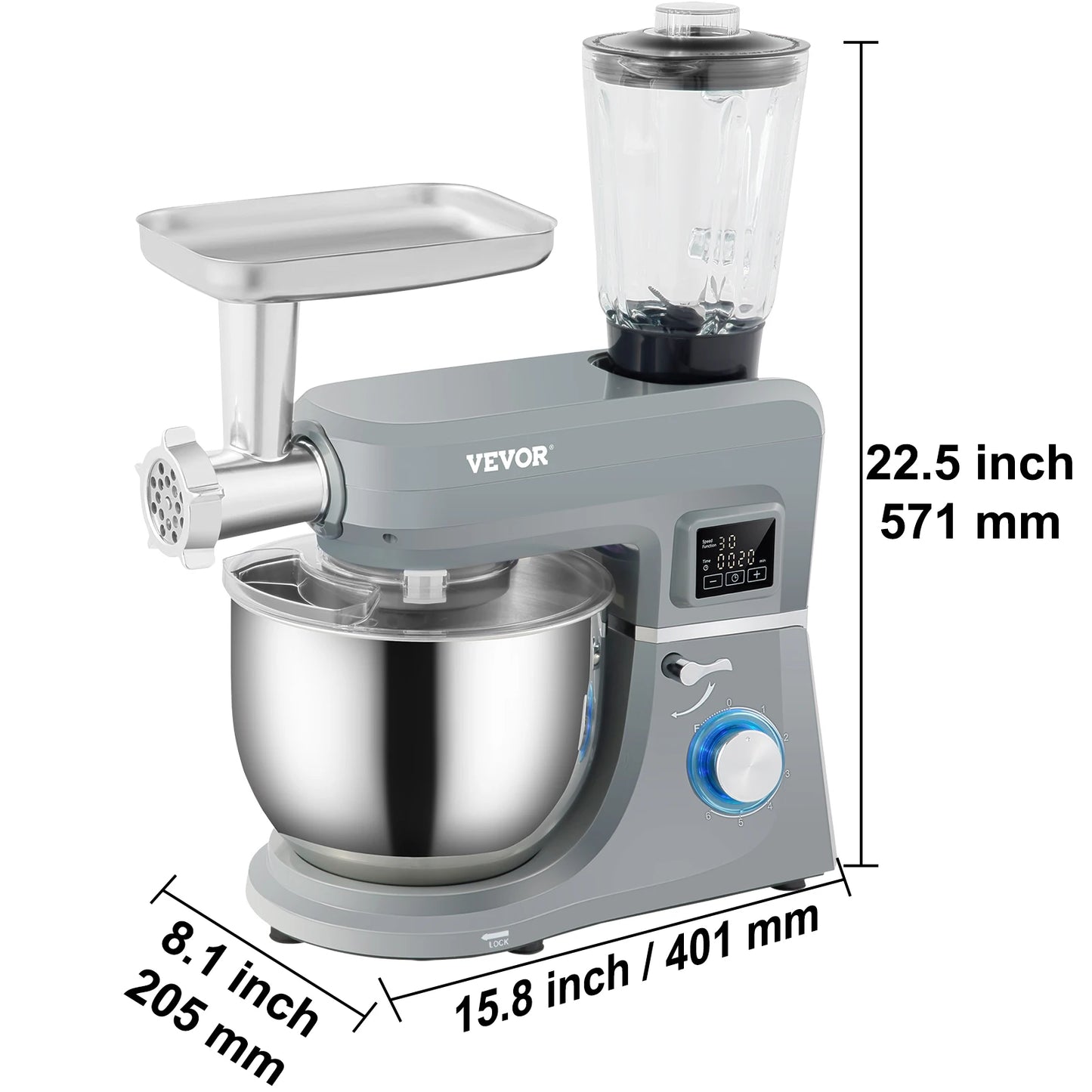 VEVOR 5 In 1 Stand Mixer Multifunctional Electric Mixer With 6 Speeds LCD Timer 7.4 Qt Stainless Bowl