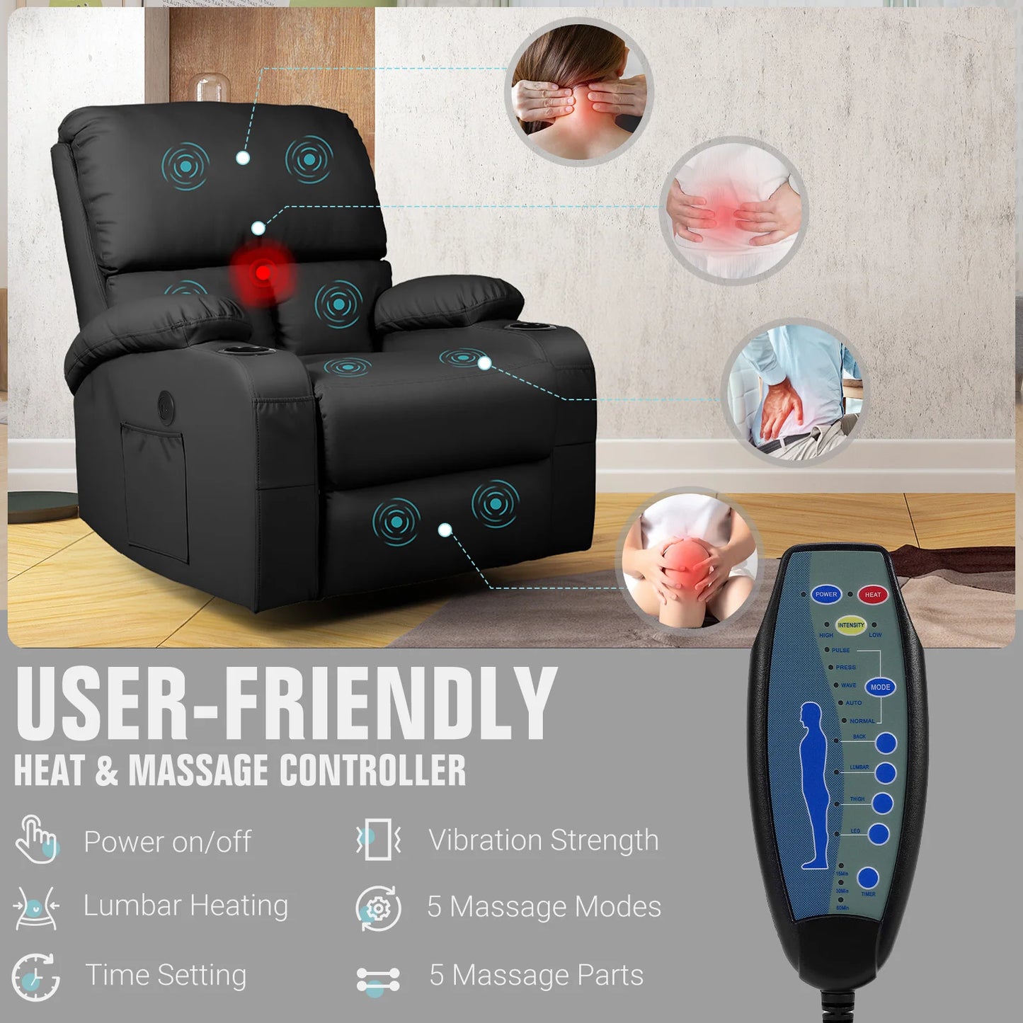 LEVELEVE Retro Rocking Recliner Chair With Massage Heat USB