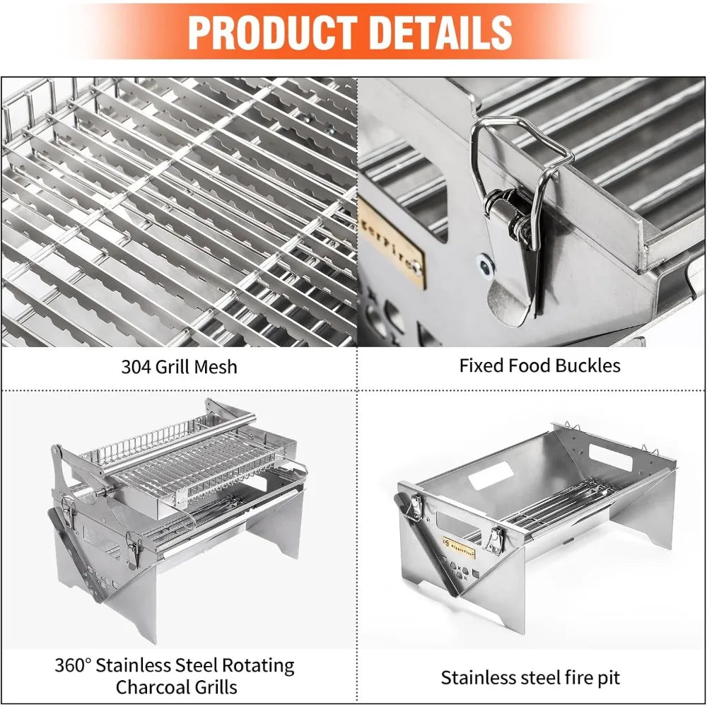 Portable Stainless Steel Rotating BBQ Grill for Outdoor Camping and Detachable Charcoal Grilling