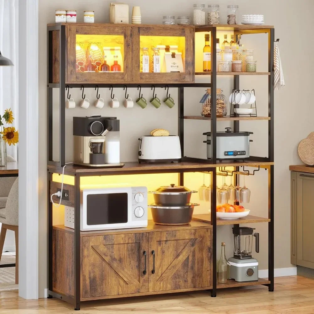 Itaar Bakers Rack with Power Outlet and LED Light, 45.3 Inch Farmhouse Coffee Bar Cabinet, Kitchen Microwave Stand with Storage