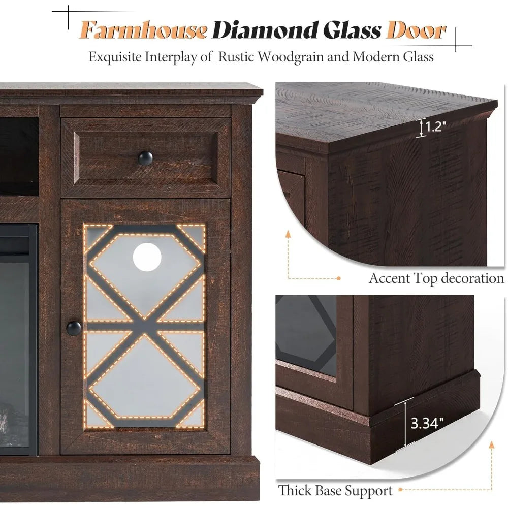 Farmhouse Luxury TV Stand With Integrated Illuminated Fireplace Entertainment Center