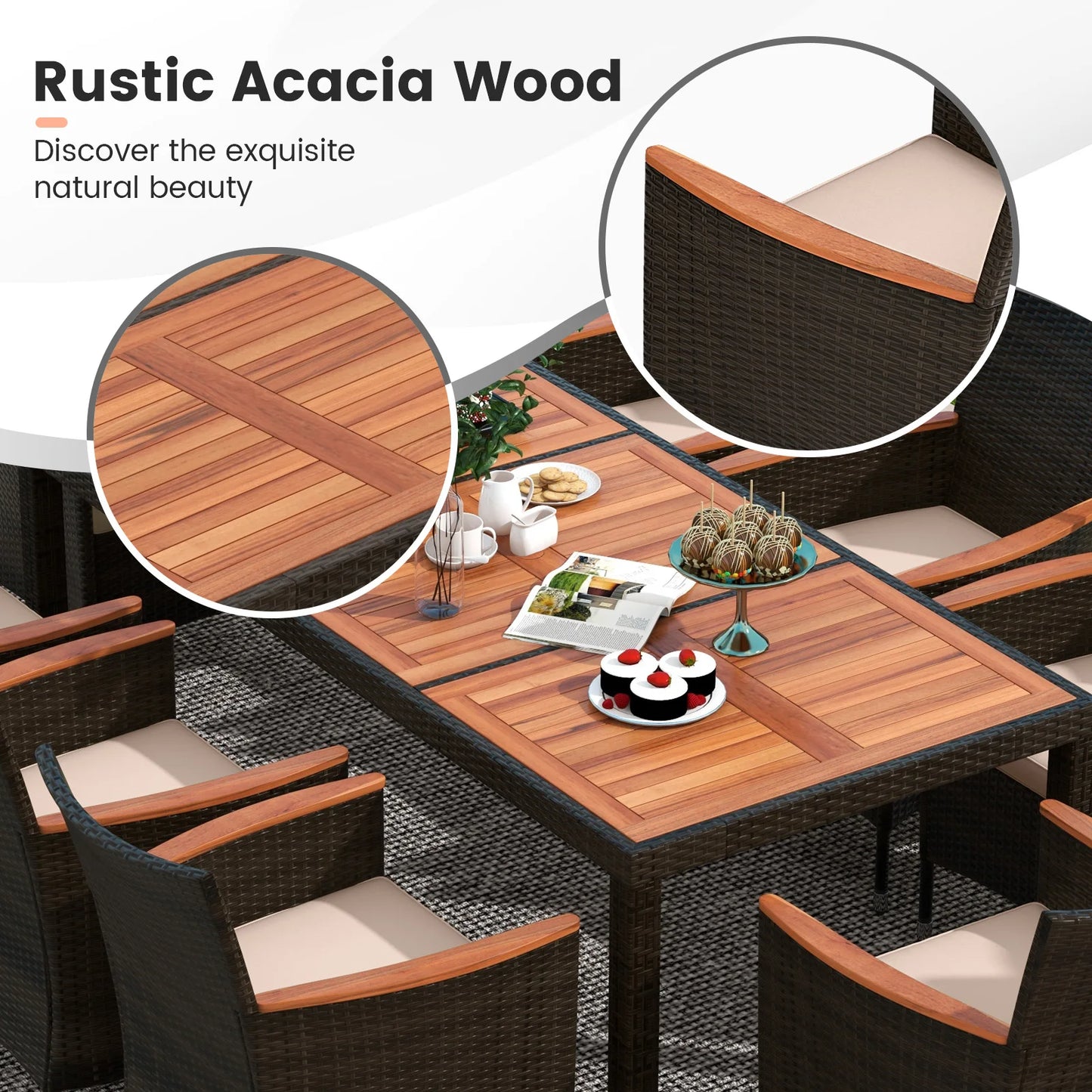 HOMASIS Outdoor 9PieceWeatherResistantWickerDiningSetWithAcaciaTable PremiumQualityConstruction