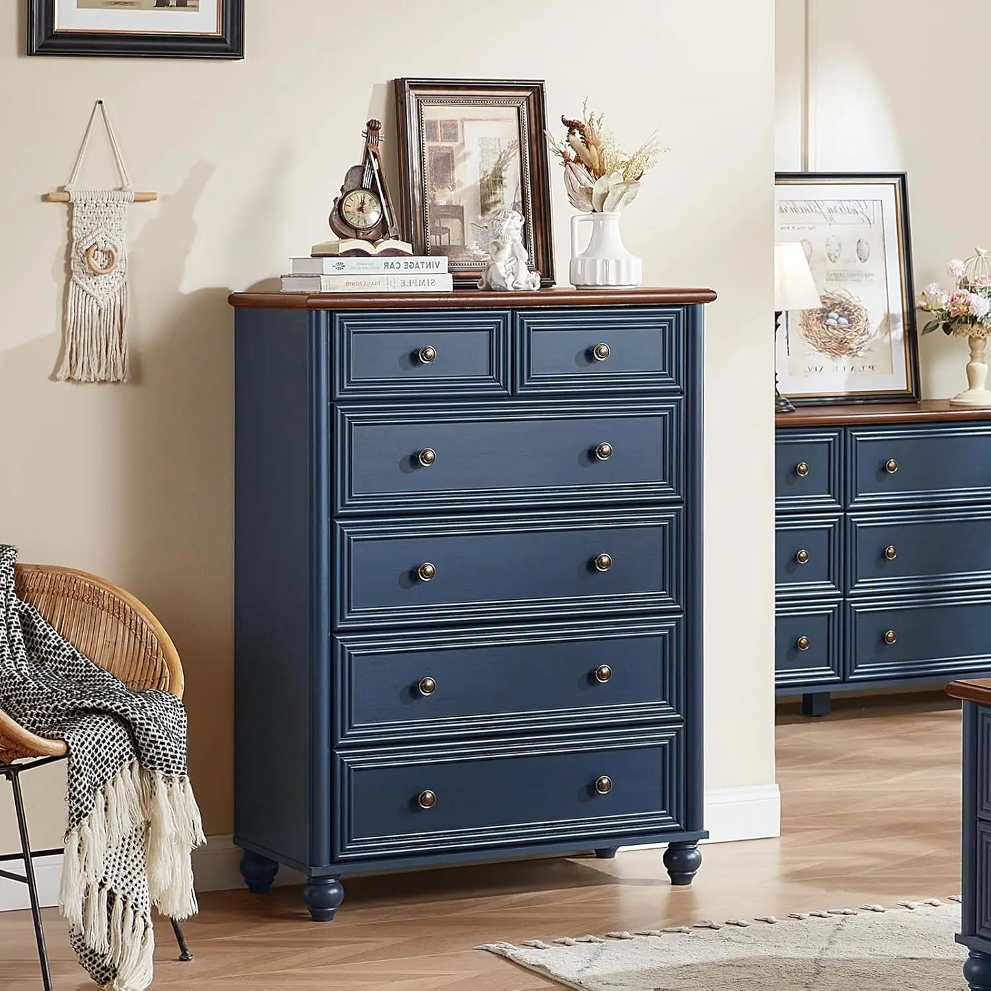 Farmhouse Dresser 6-Drawer Rustic Wood Chest With Metal Handles Bamboo Construction For Bedroom Storage