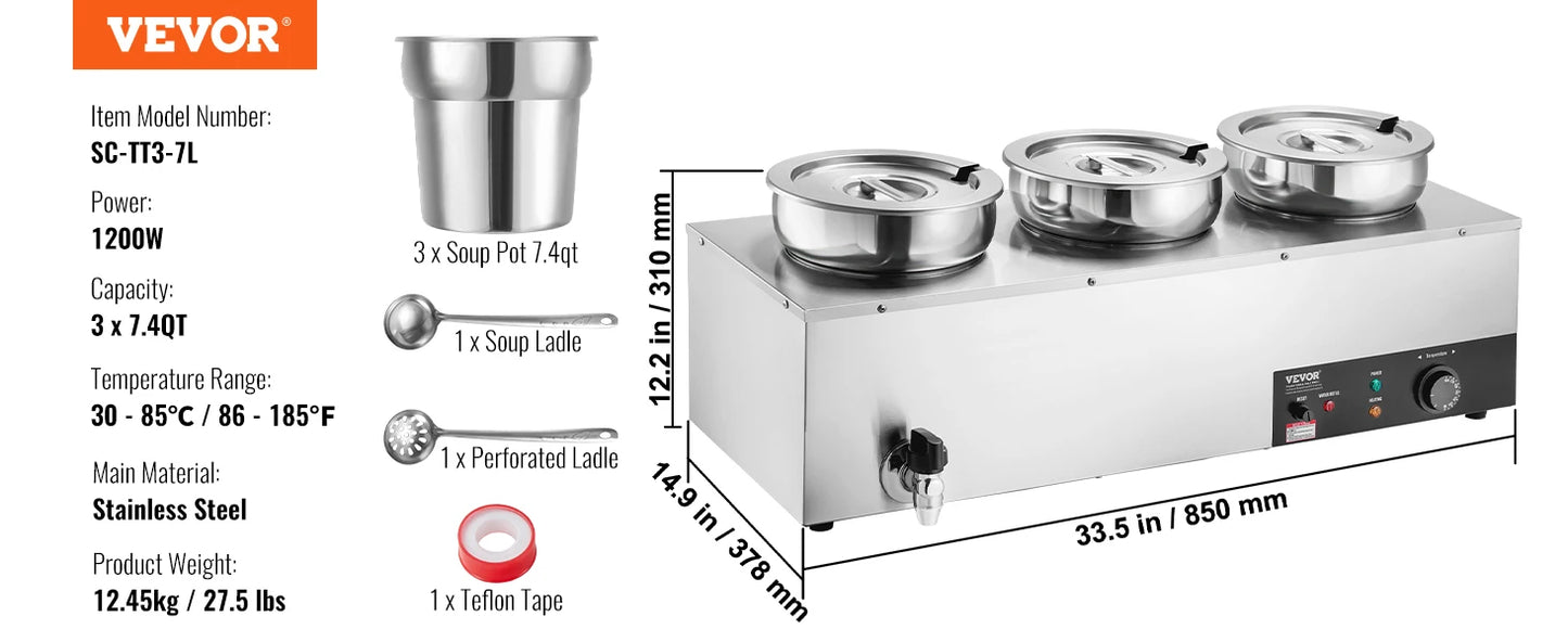 VEVOR Electric Soup Warmer Commercial Stainless Steel Round Pot Adjustable