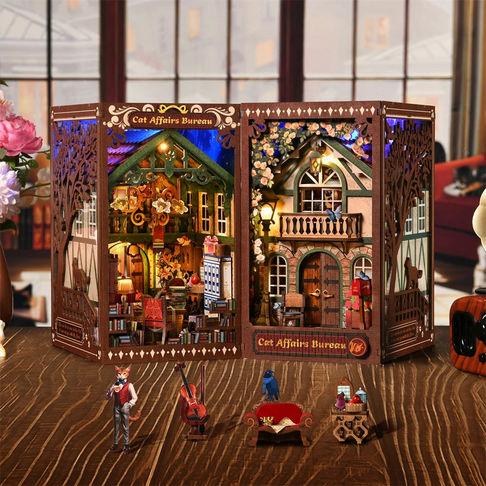 ASLOWSNAIL MajesticBookNook KittyCat 3D Puzzle Wooden Ornament Display Edition Decorative