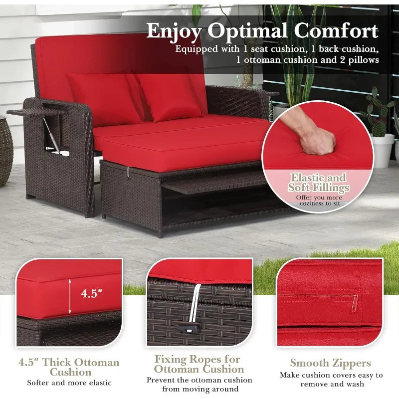 Patiojoy Rattan Daybed with Ottoman and Retractable Side Tray