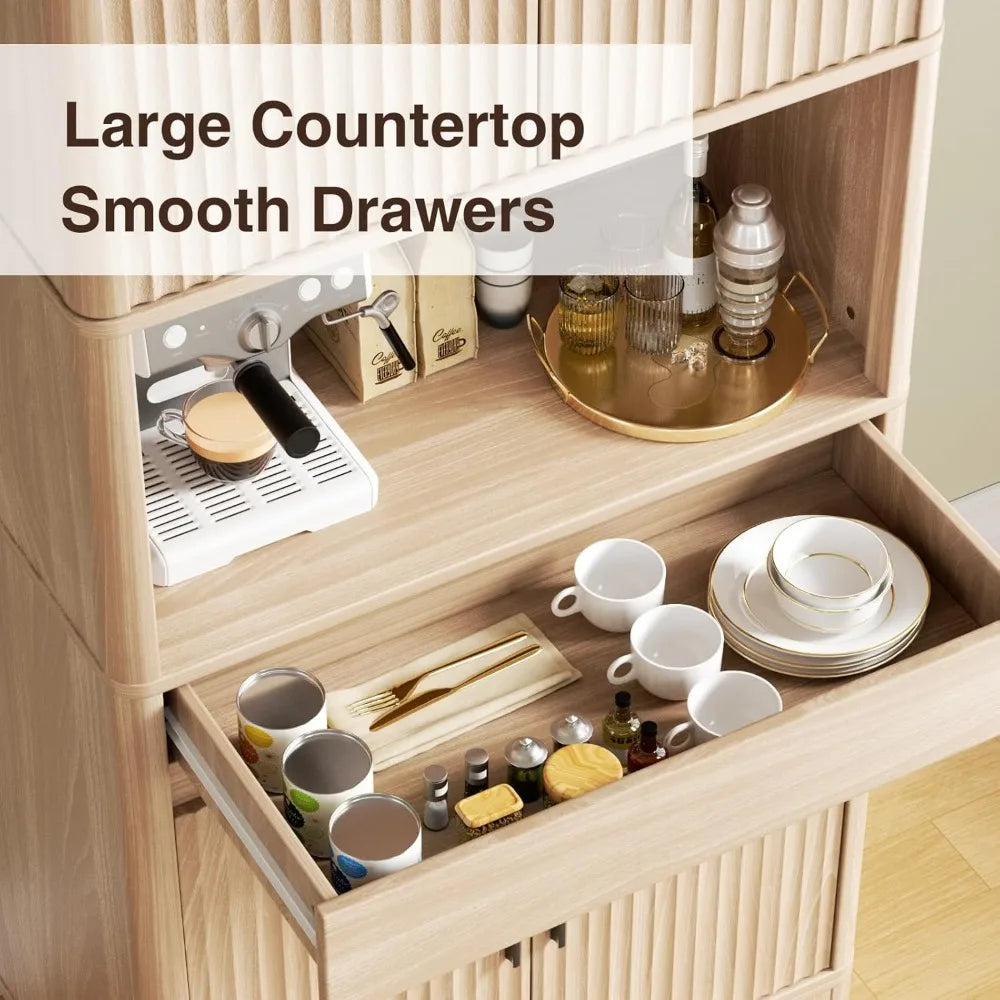 Tall Fluted Pantry Cabinet With Countertop Microwave Storage