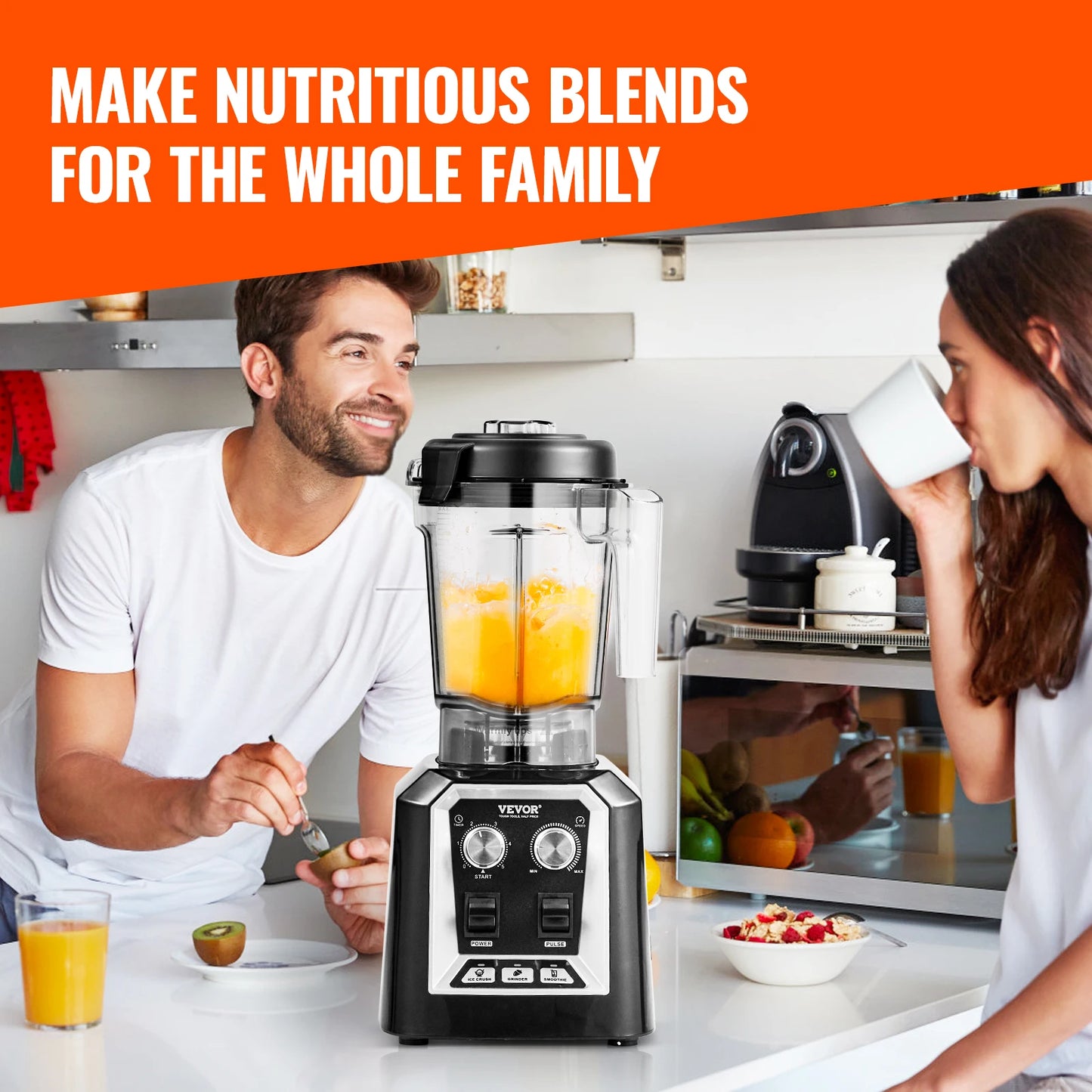 SucceBuy 2L Smoothie Blender Professional Countertop Fruit Food Processor Mixer Maker with Stainless Steel for Home Kitchen Bar