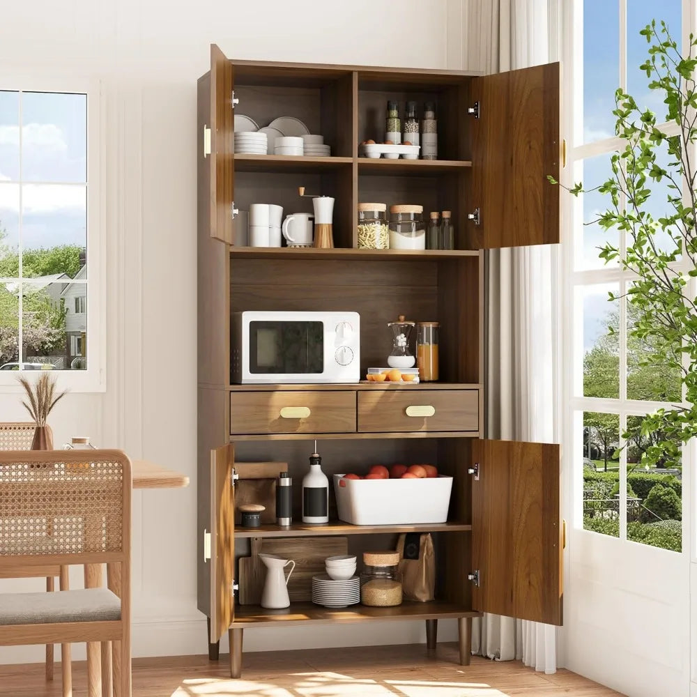 Kitchen Pantry Cabinet With Line Groove Design And Microwave Stand