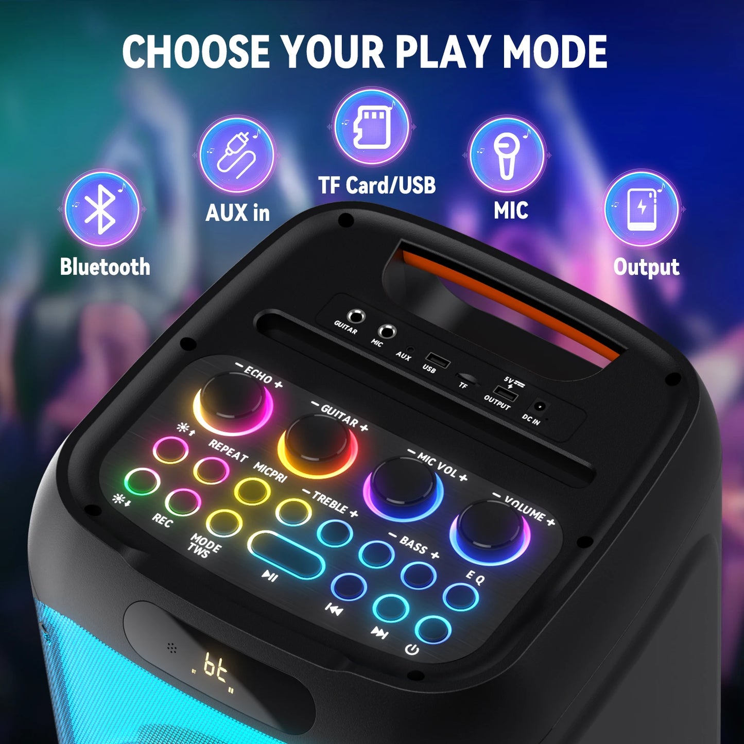 FanFun 500W Bluetooth Karaoke Speaker With LED Party Light And 2 Microphones