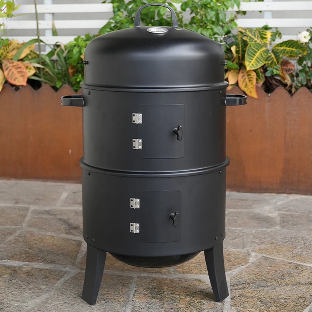 3 in 1 Vertical Charcoal BBQ Smoker Heavy Duty Round Smoking Grill Barbecue Smoker Barrel with Built-in Thermometer for Outdoor