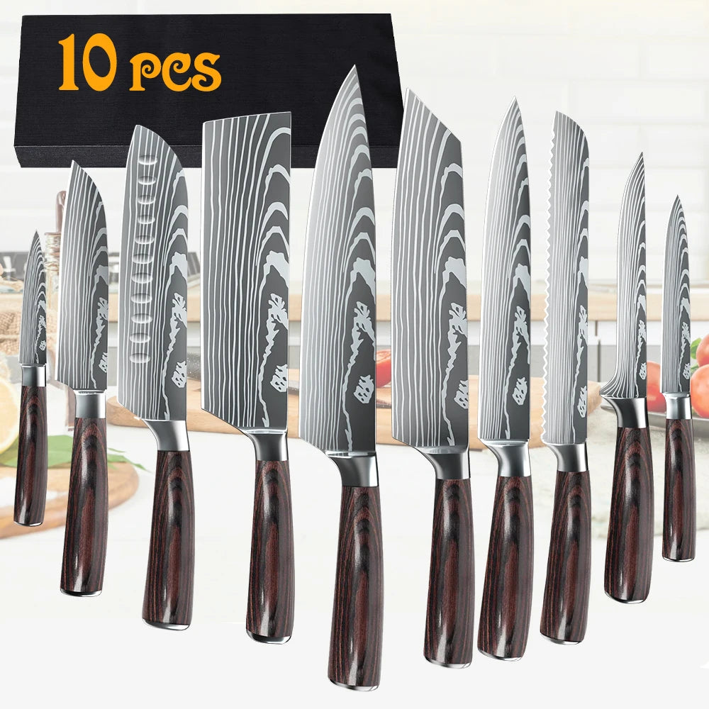 MDHAND 8/10pcs Gift Kitchen Knives Set Laser Damascus Pattern Chef Knife High Carbon Stainless Steel Sharp Fruit Slicing Knife