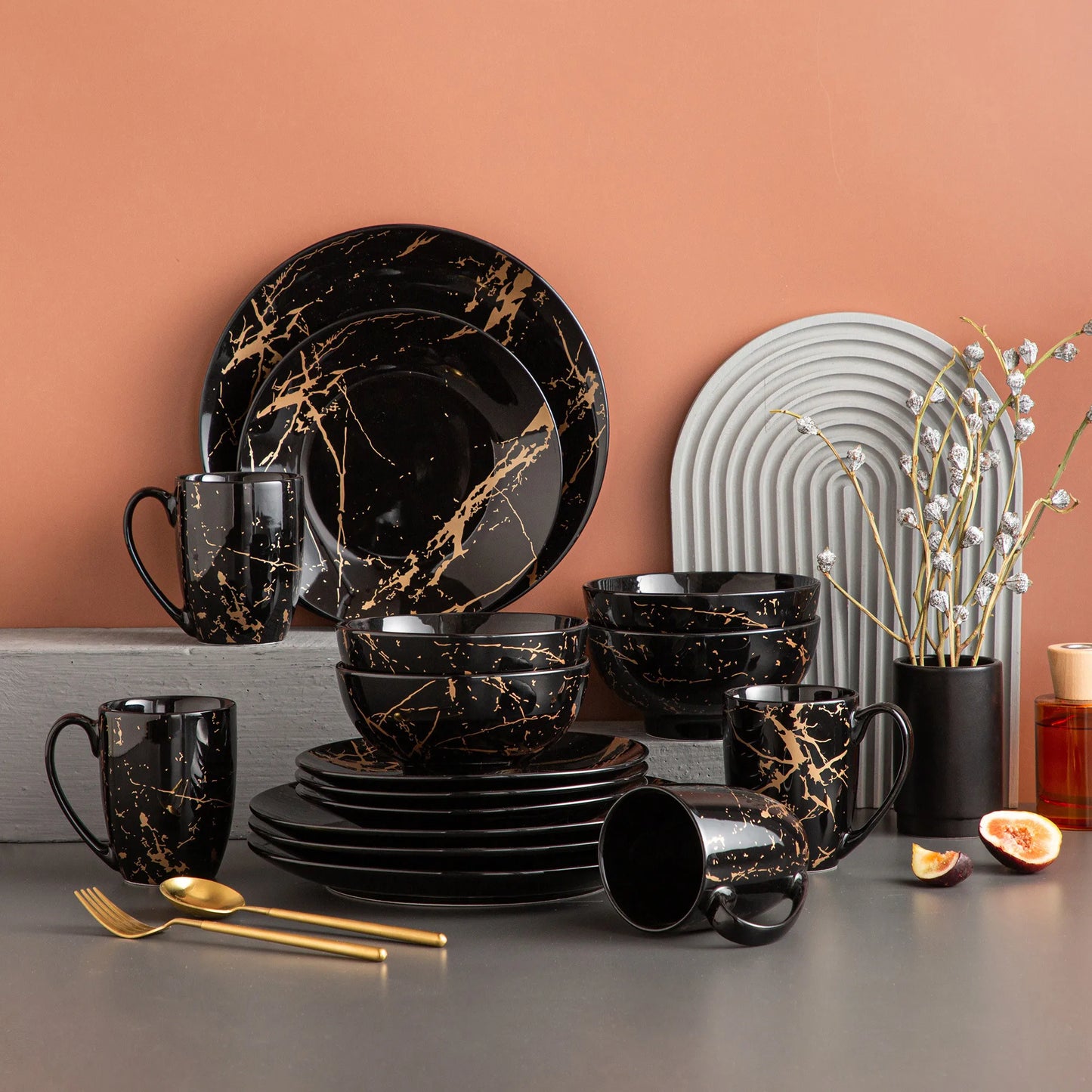 MALACASA Porcelain Dinnerware Set Gold Splash Pattern