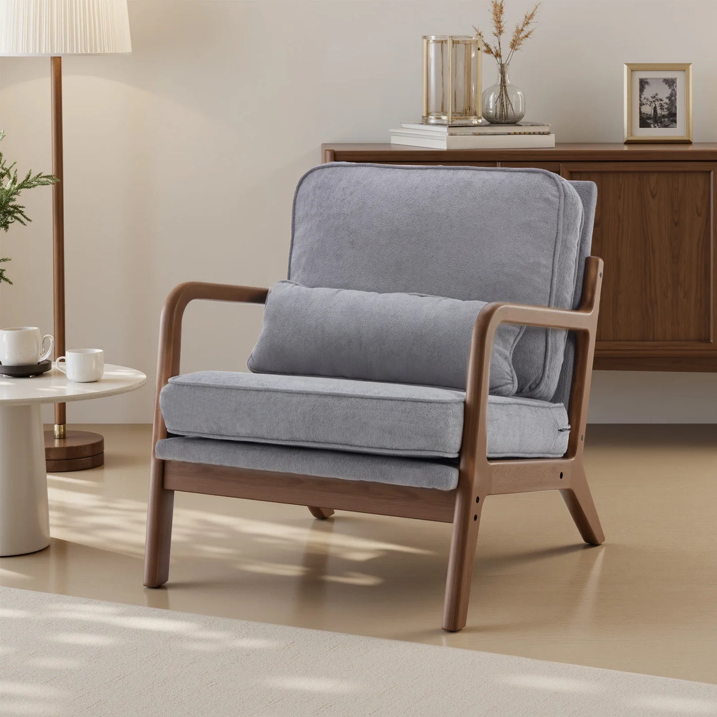 JHK Midcentury Modern Solid Wooden Frame ErgonomicallyDesigned Armchair With Cushions