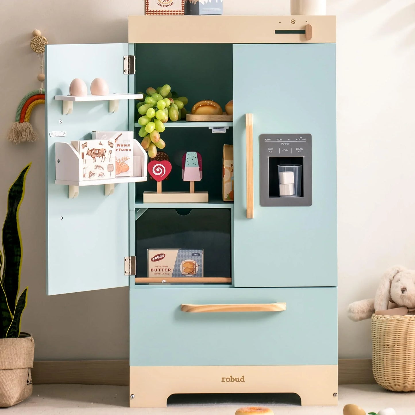Robotime Robud Wooden Play Kitchen Refrigerator With Ice Dispenser Toy Set For Ages 3 Plus