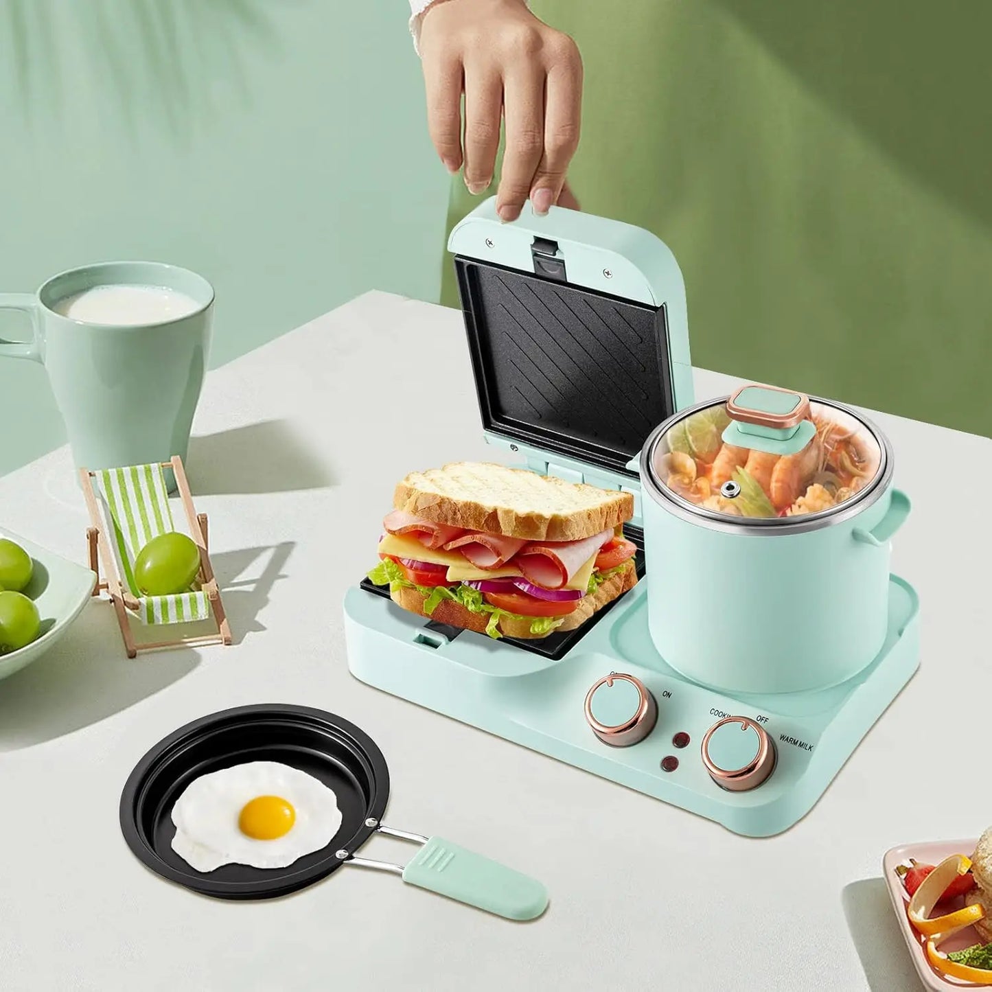 Iosn Breakfast Station 3In1 Nonstick Mini Toaster Maker 1050W