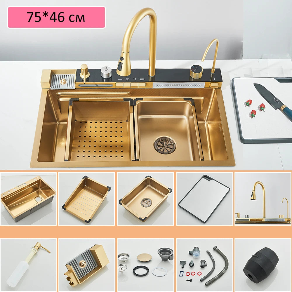 Quyanre 304 Stainless Steel Kitchen Sink Double Waterfall Faucet Set