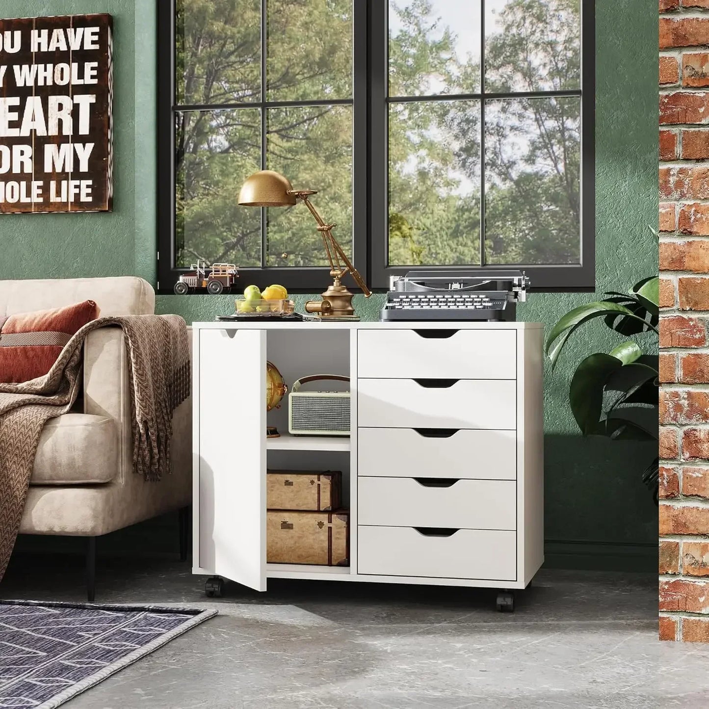 XMSJ 5-Drawer Dresser Chest With Door Mobile Storage Cabinet Printer Stand For Home Office