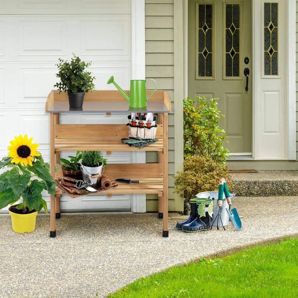 XIUWO Outdoor Garden Potting Bench With Bamboo Top And Shelf