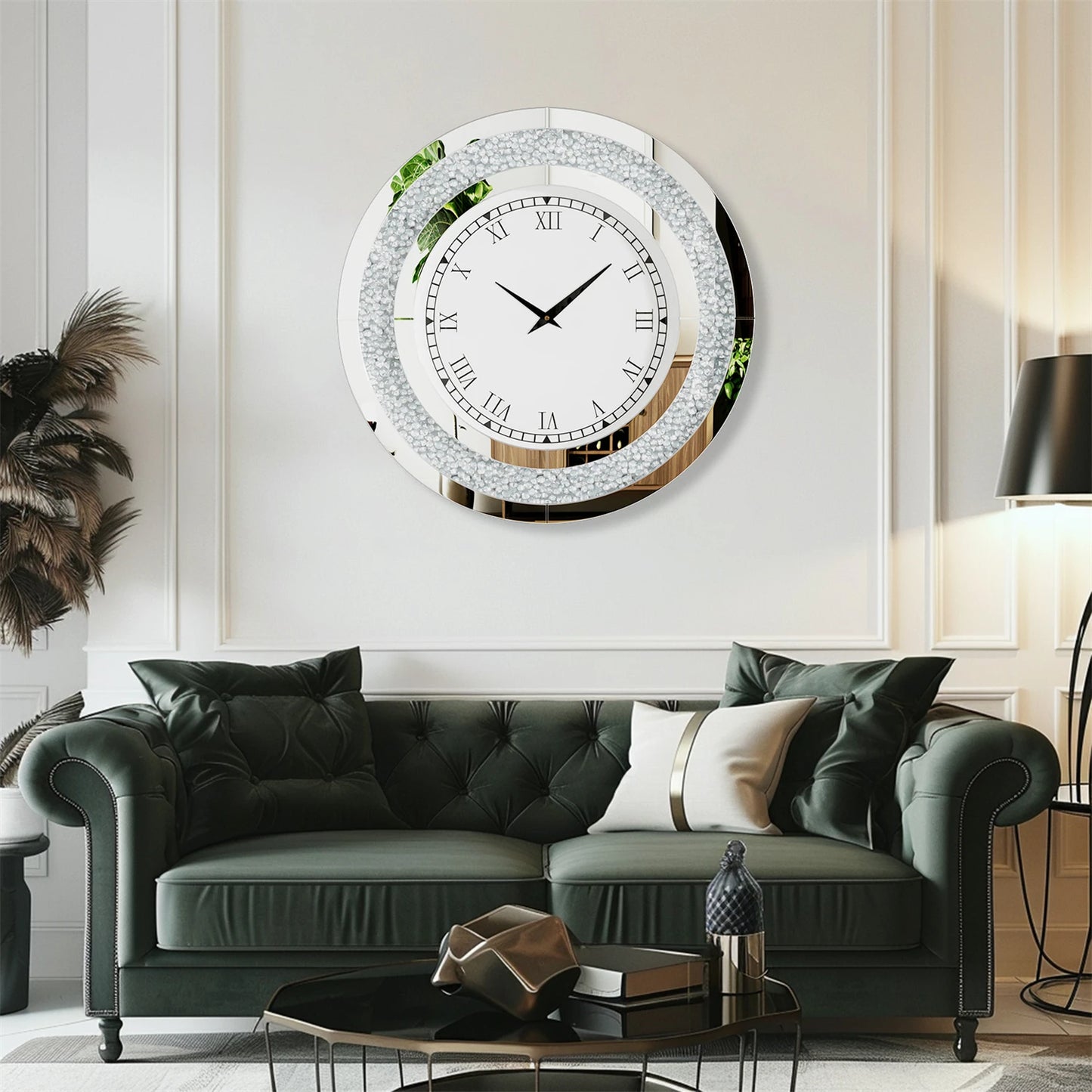 Bling Silver Round Mirror Clock For Glam Home Decor