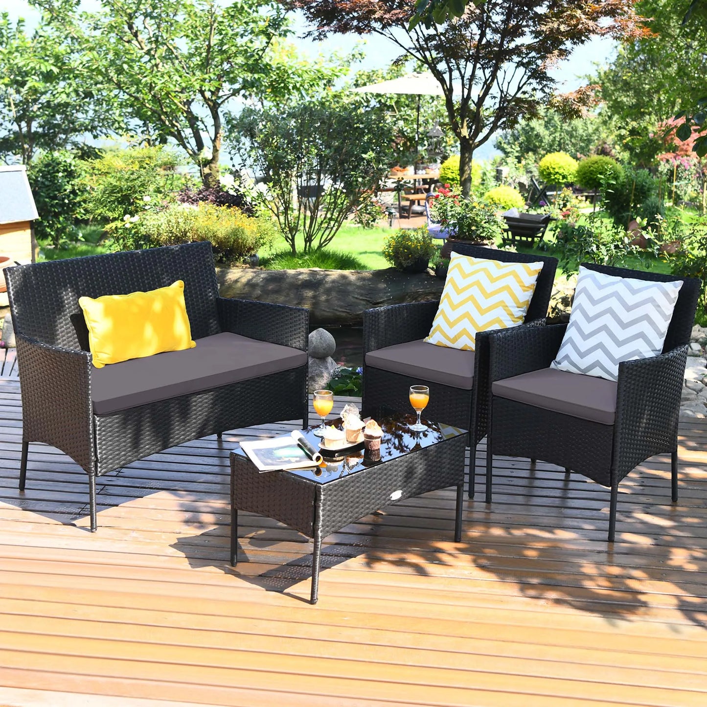 HOMASIS 4-Piece Patio Rattan Set Cushioned Sofa Coffee Table Backyard