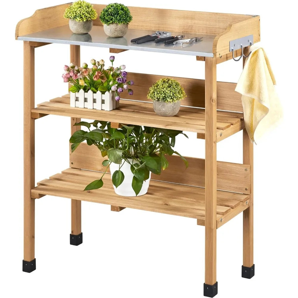 XIUWO Outdoor Garden Potting Bench With Bamboo Top And Shelf