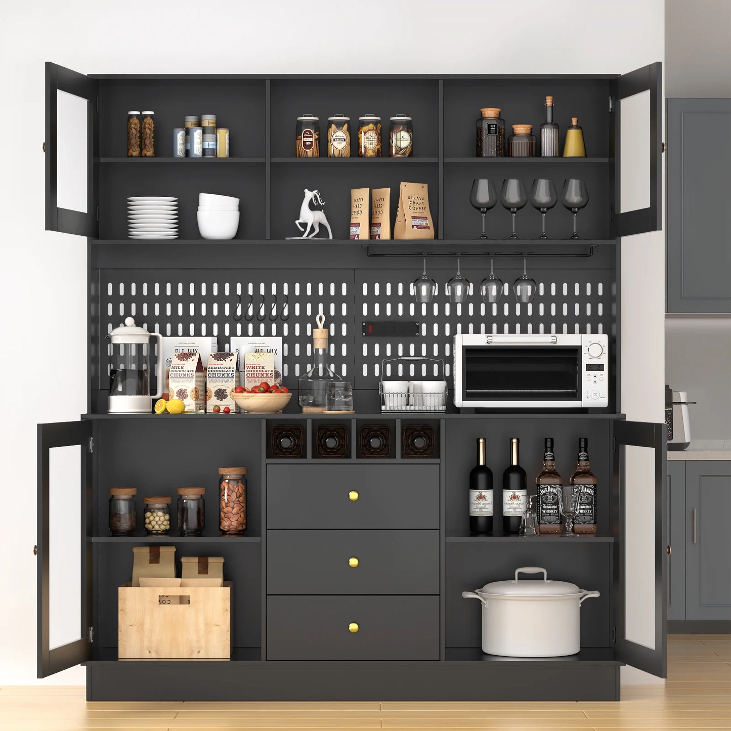 VOWNER Pantry Cabinet Freestanding Kitchen Storage Hutch With Pegboard