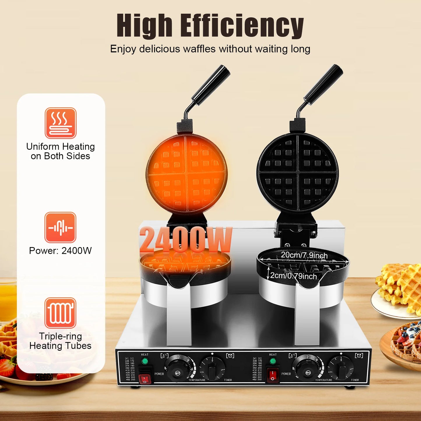Sweetmile Dual Head Waffle Maker 2400W Stainless Steel