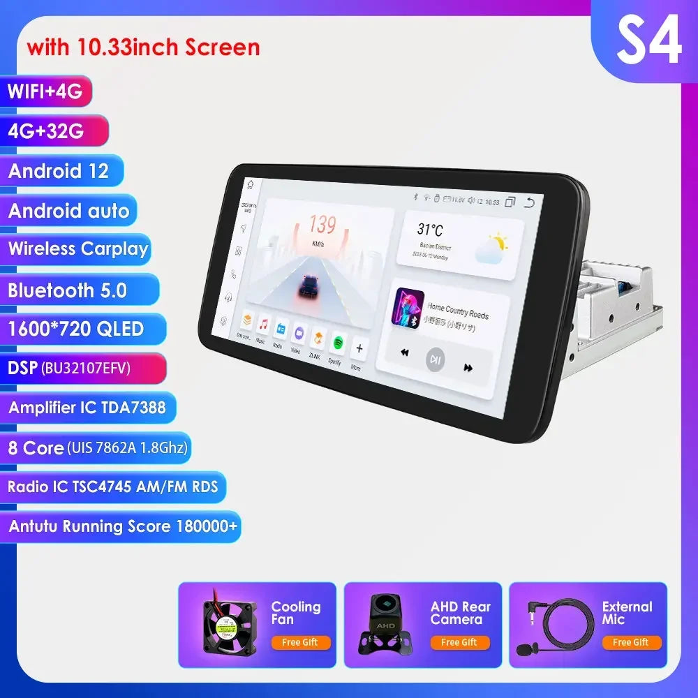 Hizpo 1 Din Car Radio Multimedia Player Detachable Panel 10.33" Wireless Carplay Android 360° Rotatable Universal Stereo GPS BT