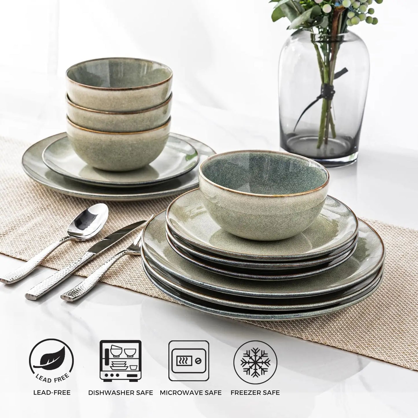 Ceramic Dinnerware Sets for 6, 18 Pieces Handpainted Plates and Bowls Set, Scratch Resistant Stoneware Dishes Set, Dishwasher &