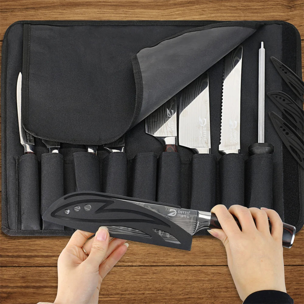 MDHAND 8pcs Kitchen Knife Damascus Stainless Steel Chef Knife Utility Paring Boning Cleaver Slicing Santoku Knives Nylon Bag