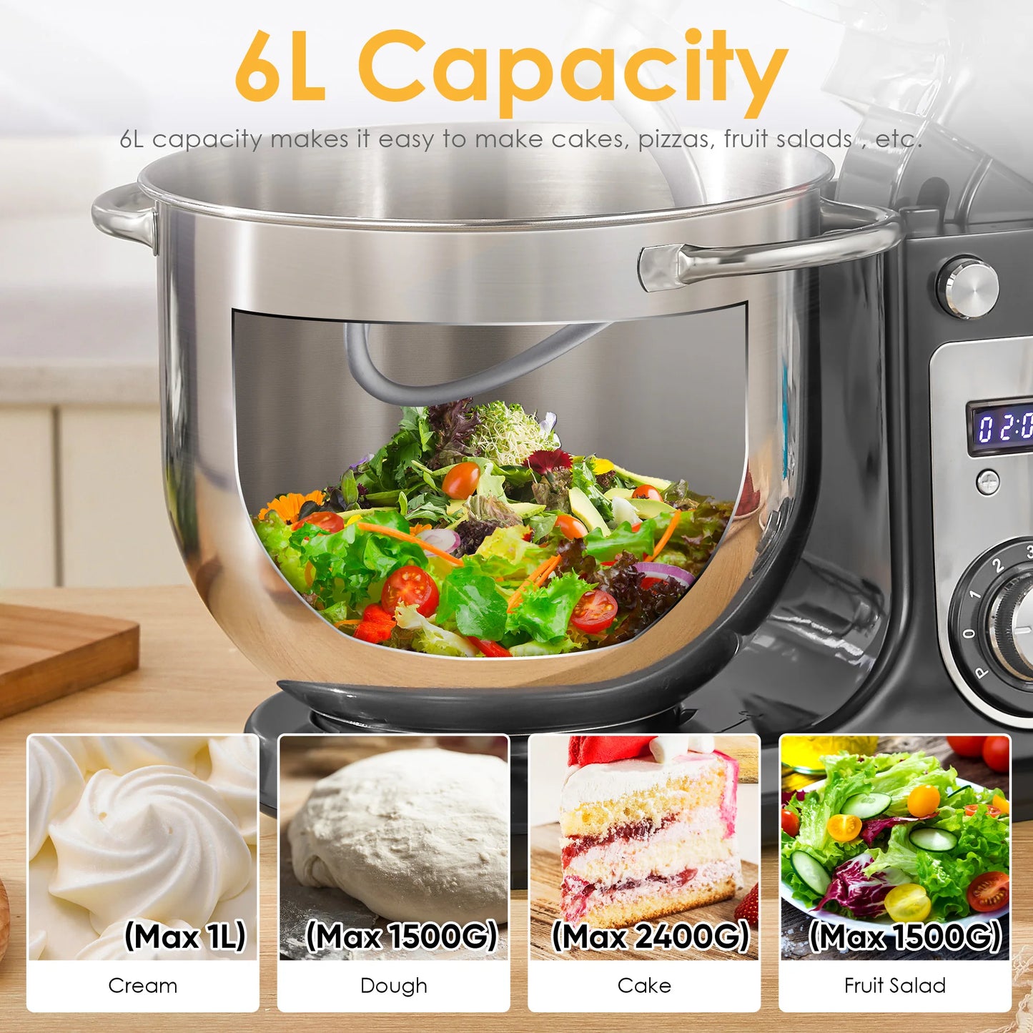 Biolomix 6-Speed Stand Mixer With Dough Hook And Wire Whip