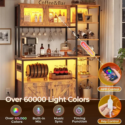 Itaar Bakers Rack with Power Outlet and LED Light, 45.3 Inch Farmhouse Coffee Bar Cabinet, Kitchen Microwave Stand with Storage