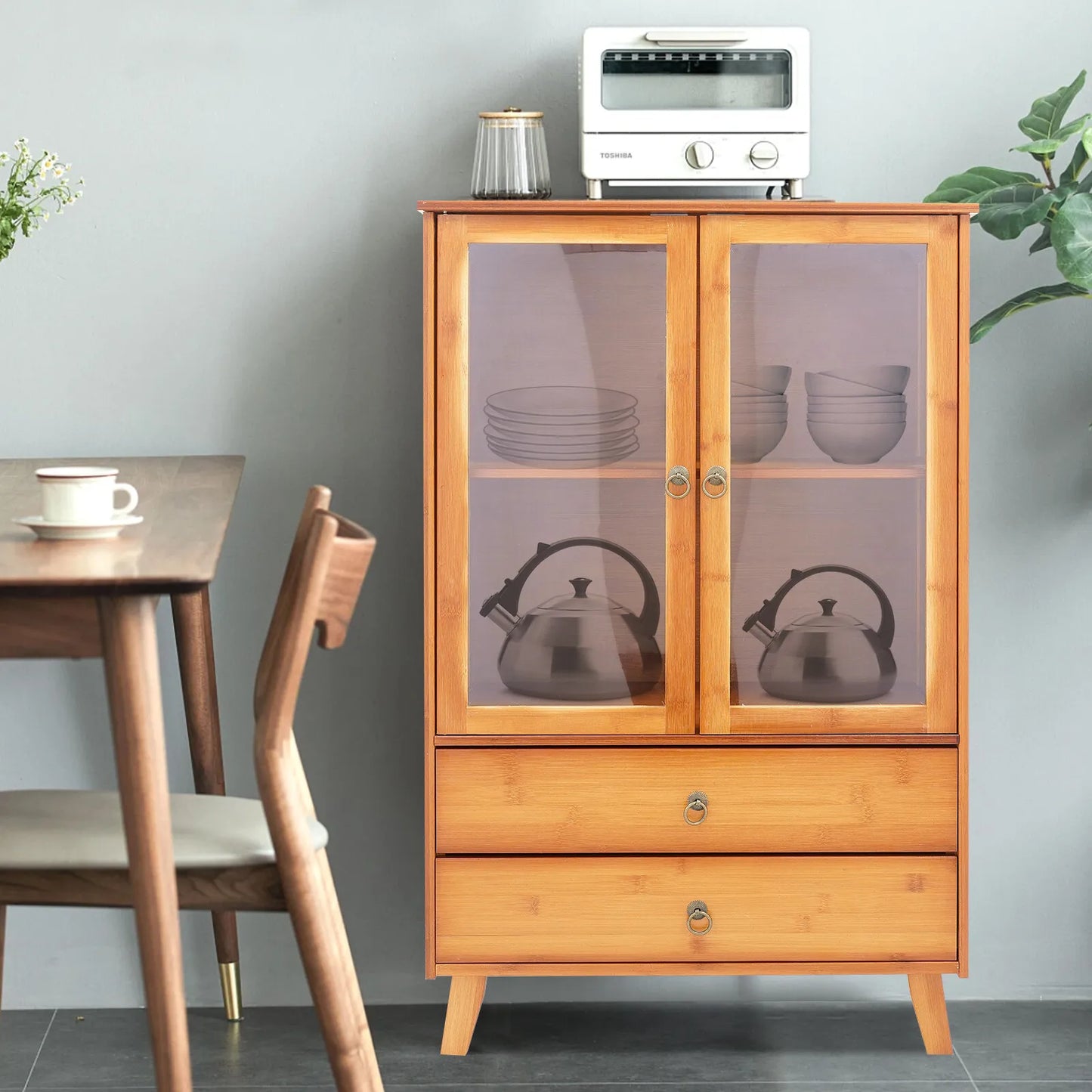 Bymaocar Vintage Style Bamboo Kitchen Storage Cabinet With Drawers