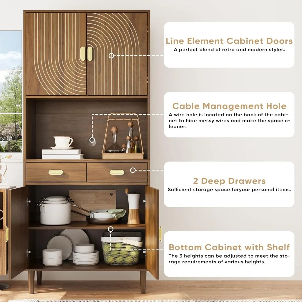 Kitchen Pantry Cabinet With Line Groove Design And Microwave Stand