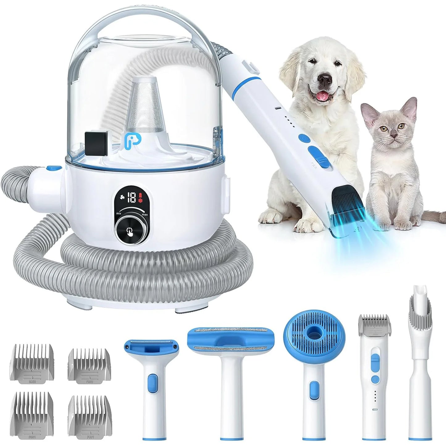 DishyKooker Pet Grooming Kit With Quiet Vacuum Suction And 5 Grooming Tools For Dogs And Cats