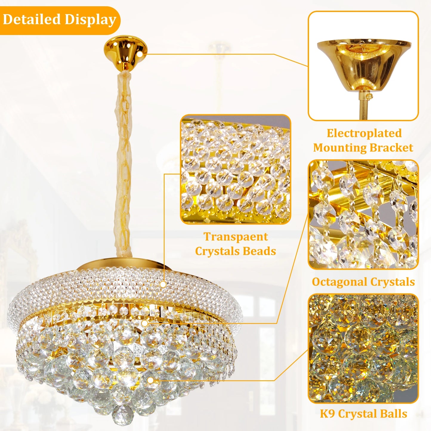 Luxury Round Gold Crystal Chandelier Pendant Light With Adjustable Chain