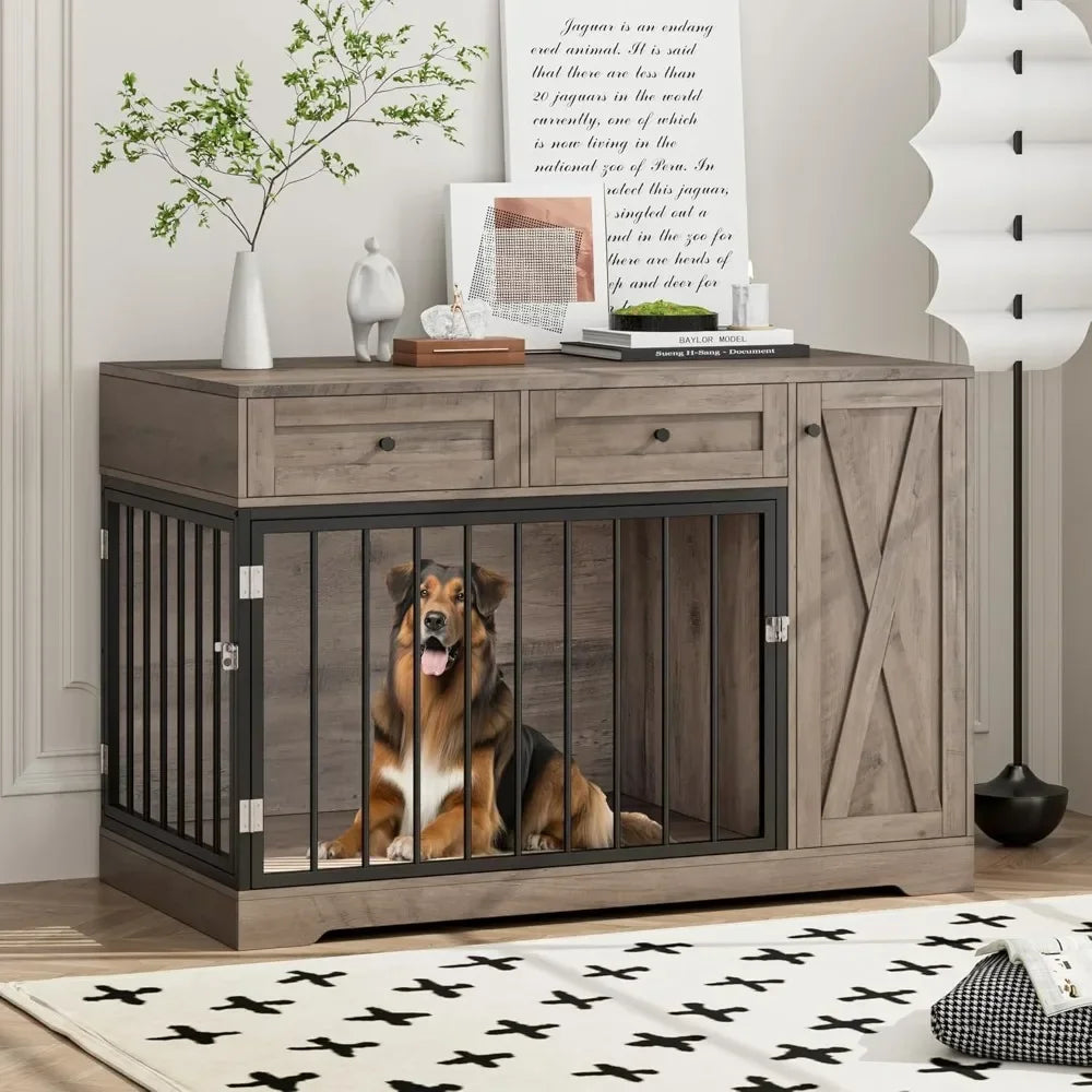 Premium Handcrafted SolidWood Construction Dog Crate Furniture 2in1 Drawers Farmhouse