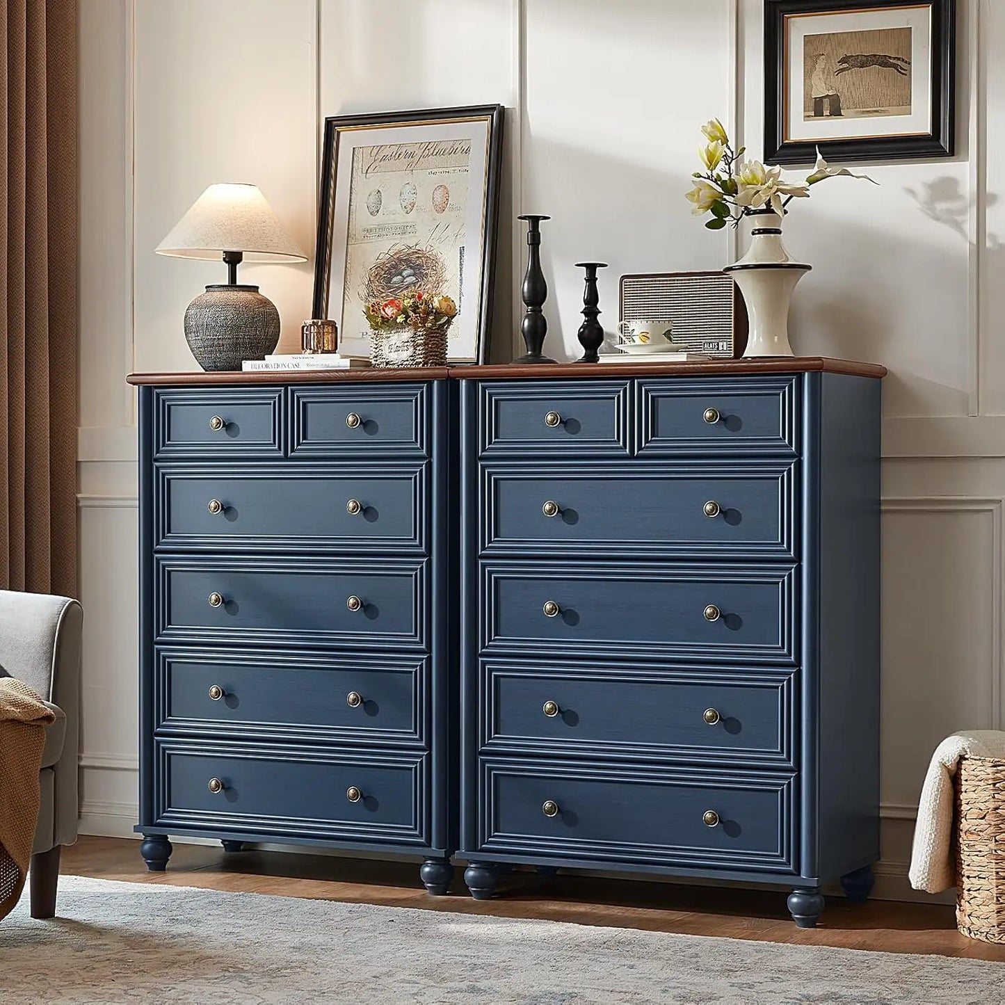 Farmhouse Dresser 6-Drawer Rustic Wood Chest With Metal Handles Bamboo Construction For Bedroom Storage
