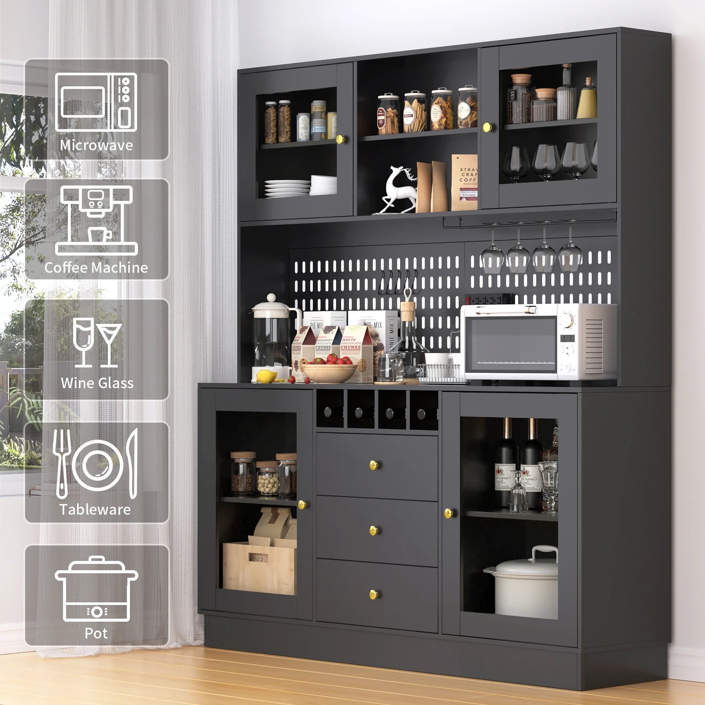 VOWNER Pantry Cabinet Freestanding Kitchen Storage Hutch With Pegboard
