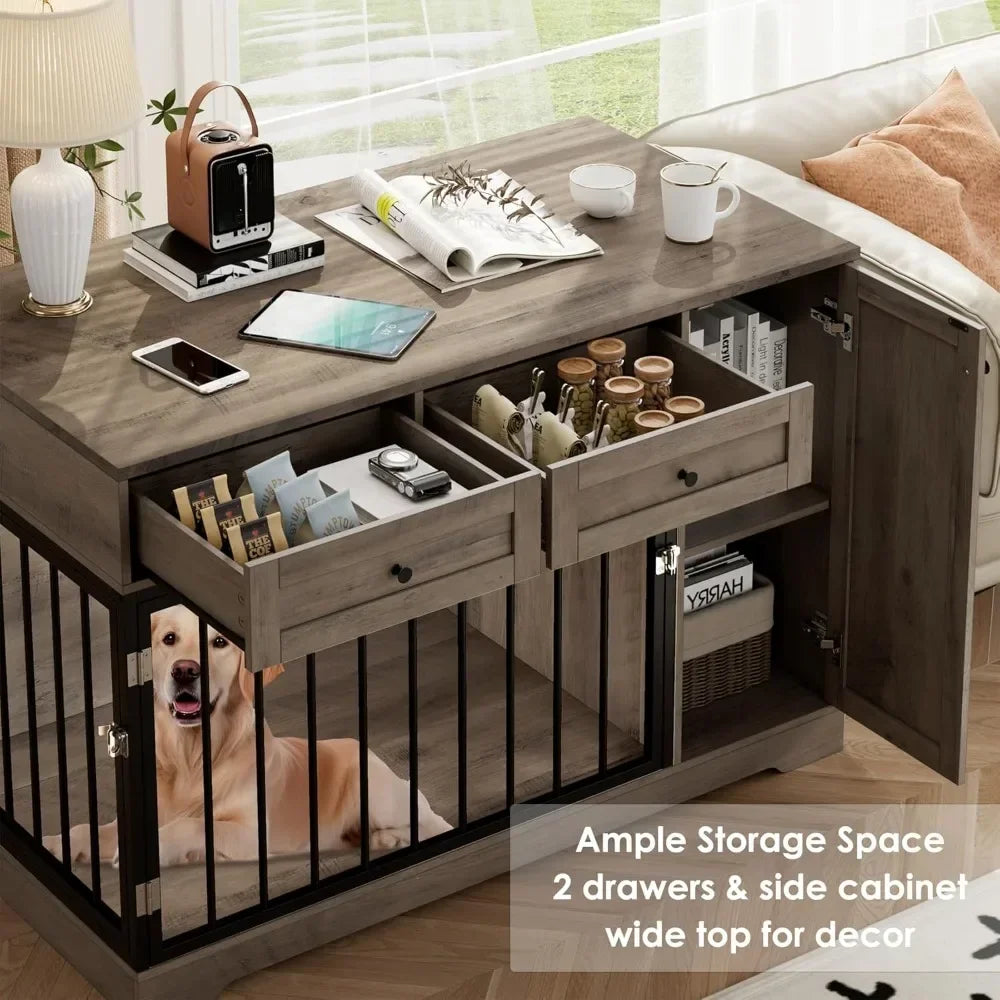 Premium Handcrafted SolidWood Construction Dog Crate Furniture 2in1 Drawers Farmhouse